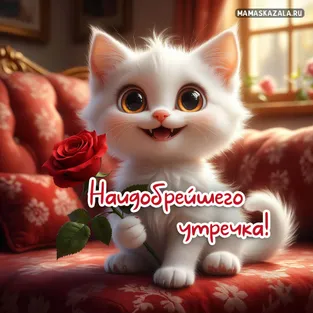 Милая открытка с белым котёнком на утро