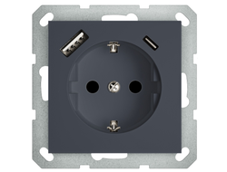 1L213BS Розетка с заземлением 16А+2USB A+С, базальт