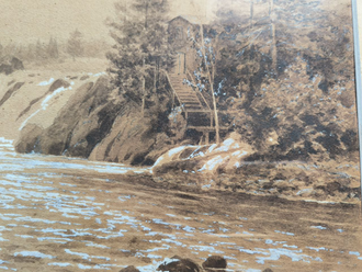 Казанцев Владимир Гаврилович (1849-1902)  Ласточки над водопадом 1880-е-1890-е гг. Бум., гр.кар., сепия, белила 25,5Х34,2 (в свету) (1229)