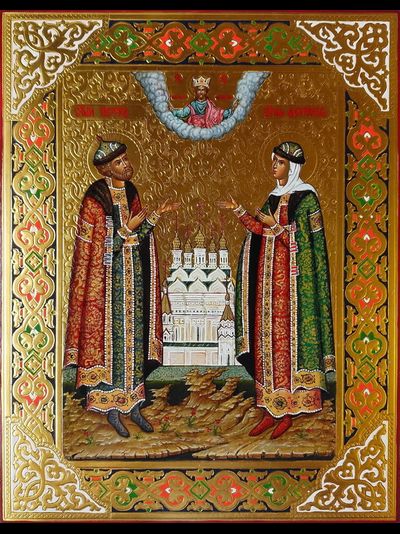 Петр и Феврония Муромские, Святые Чудотворцы. Рукописная икона. 22х28см.