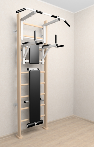 Деревянная шведская стенка с регулируемым по высоте турником, брусьями и скамьей для пресса.  (натуральный)