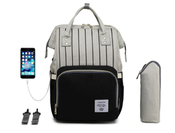 СУМКА-РЮКЗАК ДЛЯ МАМЫ LEQUEEN С USB (серый-черный, полоска)