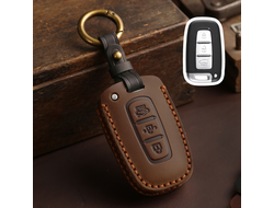 Чехол для смарт ключа kia с 3 кнопками из натуральной коричневой кожи. Ручной шов коричневой ниткой