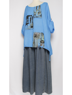 БЛУЗА ЛЁН КИМОНО "ГОРОД"голубая, морская волна, хаки до р.56