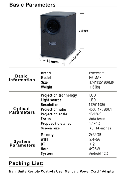 Видеопроектор Everycom H6 MAX, Андроид 12.0, память 2/32 Gb, 550 ANSI люменов