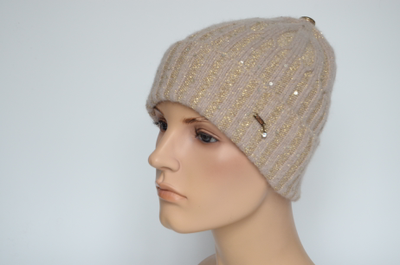 Кремовая вязаная шапка с пайетками Vizio Италия 8064 CRYO