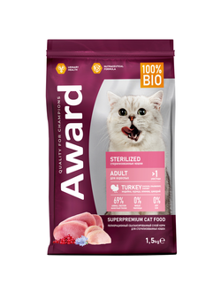Сухой корм AWARD Sterilized для взрослых стерилизованных кошек с индейкой и курицей с добавлением клюквы и цикория 1,5кг