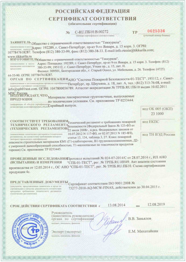 Сертификат соответствия на грунтовочные материалы Текс.