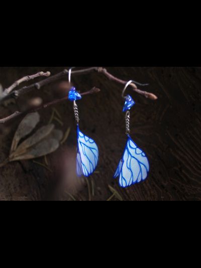 Шёлковые серьги-крылышки с морскими стёклышками и чешским бисером (из серии крыльев Небесной Феи)