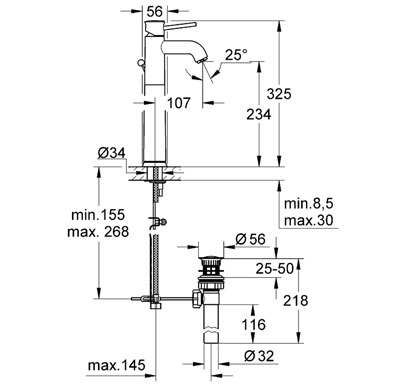 Смеситель для раковины GROHE BauClassic с донным клапаном, свободностоящий, Хром, 32868000