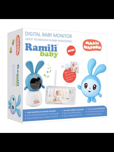 Комплект Ramili Baby RV100KROSH Крошик, Малышарики, Wi-Fi моторизированная видеоняня с креплением + монитор с диагональю 12,7 см., интерком, DVR, 2k (3Mpx)