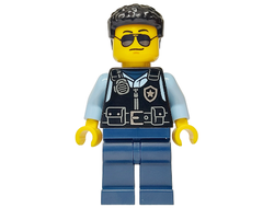 Police - City Officer Male, Black Safety Vest with Silver Star Badge Logo, Dark Blue Legs, Black Hair, Sunglasses, n/a (cty1751)