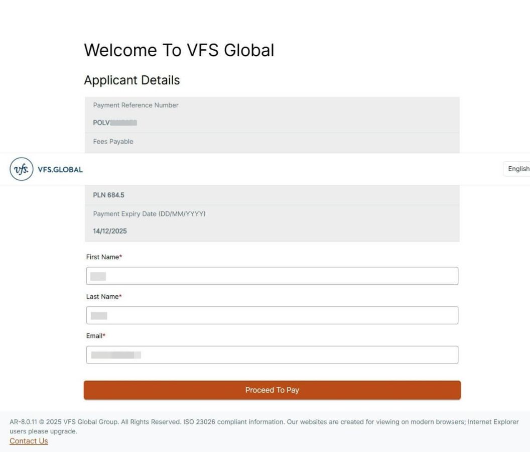 Страница VFS Global с данными заявителя для этапа оплата визы США Польша через онлайн-платформу