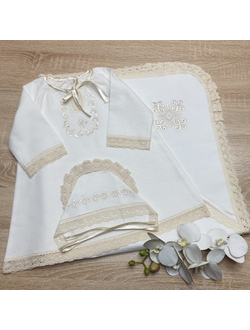 Тёплый крестильный набор для девочки "Дарья": платье, чепчик, пеленка с капюшоном и кружевом, можно вышить любое имя