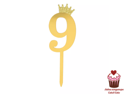 Топпер Цифра 9 с короной, золото, акрил  (10,5см)