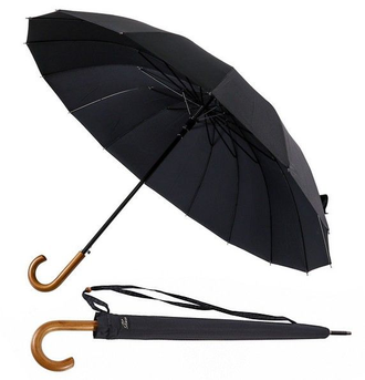 Зонт-трость мужской Sponsa 16 спиц, ручка крючок деревянная, огромный купол (130см) + ПОДАРОК