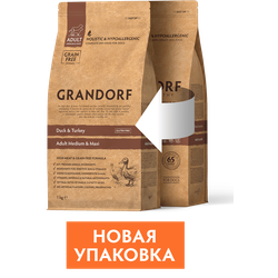 Grandorf (Грандорф): сухой беззерновой корм для собак, Утка с индейкой, 10 кг
