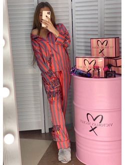 Пижама Виктория Сикрет серые и красные полоски с Вишенками / Victoria's Secret
