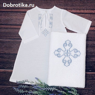 Крестильная рубашка для мальчика, модель "Артемий": 50% хлопок/50% лён, размеры: 0-3 мес. и до 12 лет, можно вышить любое имя, цена от