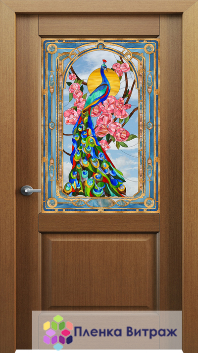 Витражная пленка, витражная пленка самоклеющаяся под заказ,пленочный витраж с павлином