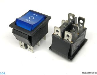 Переключатель KCD4-6P, 16A, 250V, синий, с подсветкой, три положения, две группы контактов на переключение