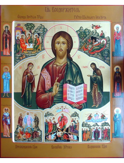 Господь Вседержитель с Праздничным рядом и предстоящими. Рукописная икона.