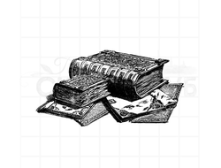 Винтажный штамп старинные книги в переплетах лежат  на столе
