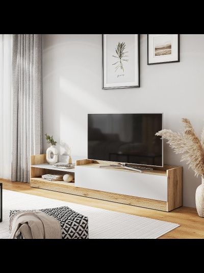 Брауни тумба для телевидеоаппаратуры Дуб Делано/Белый