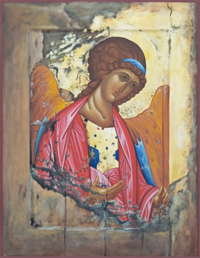 Михаил Архангел, святой Архистратиг. Рукописная икона, стилизованная "под старину"