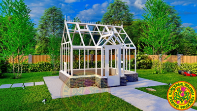 Рендер базовой теплицы Елизавета S 4x3 м, английский стиль, прочный алюминий, стеклянный холл.