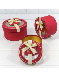 Набор коробок 3в1 "Шайба с окошком и бантом" 22*19,5*9см Красный К025/6