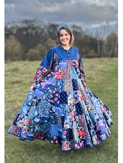 Лоскутное платье в русском стиле "Вечерний Звон" синий