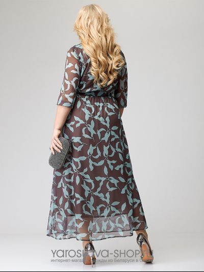 Шифоновое платье коричневое с растительным орнаментом