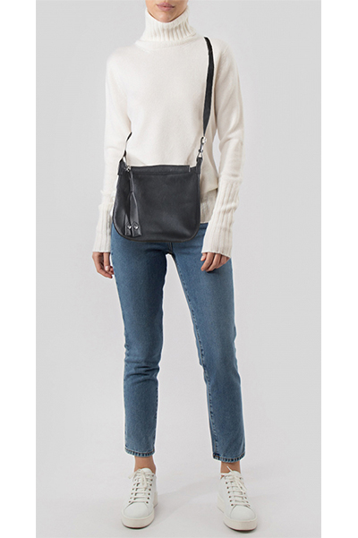 (АРТИКУЛ: 8695/1/81) СУМКА ЖЕНСКАЯ НЕБОЛЬШАЯ, НАТУРАЛЬНАЯ КОЖА, ЧЕРНАЯ,  С ТЕКСТИЛЬНЫМ РЕМНЕМ ЧЕРЕЗ ПЛЕЧО