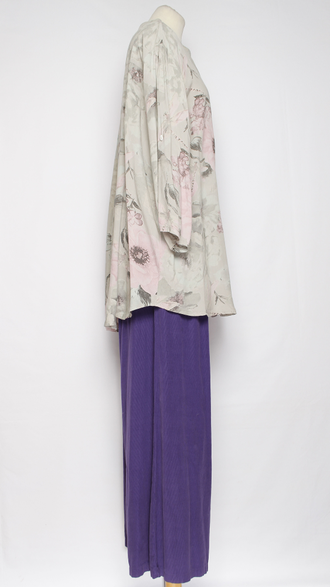 РУБАШКА БОХО "Карман планка пайетки" цветы серая, коралл, бежевая до р.52