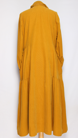 Платье-рубашка Бохо "Вельвет карманы ярусы" горчичное, хаки до р.52