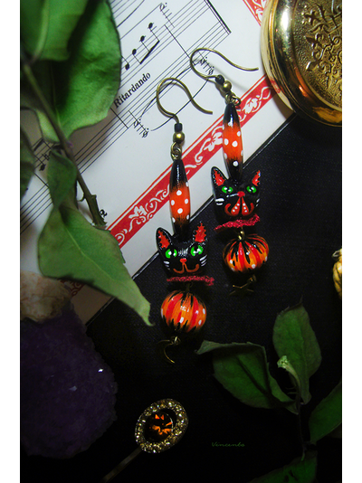 Серьги с котиками и тыквами "Легенды октября", украшение к Хэллоуину