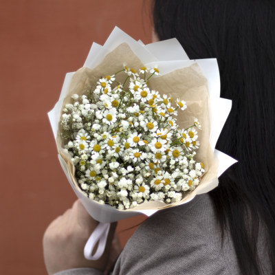 Букет из гипсофилы и ромашек