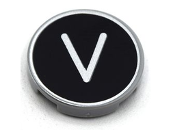 Tile, Round 2 x 2 with Bottom Stud Holder with Silver Capital Letter V on Black Background Pattern, Light Bluish Gray (14769pb443 / 6352999)