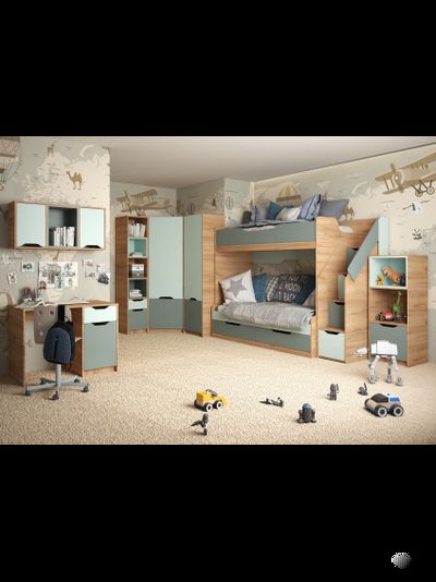 Rich КР-001 Кровать чердак Дуб Крафт золотой - Мята/Сумеречный голубой