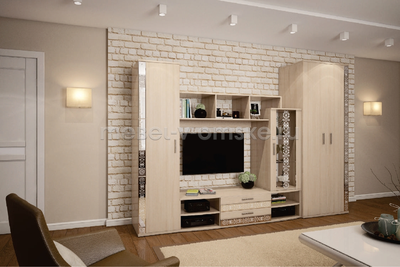 Стенка "Ассоль в интерьере гостиной в цвете Ясень Шимо Светлый с зеркальными вставками и декором