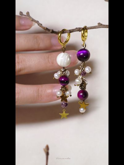 &quot;Звёздные маячки&quot;, асимметричные серьги с жемчугом, тигровым глазом и флюоритом
