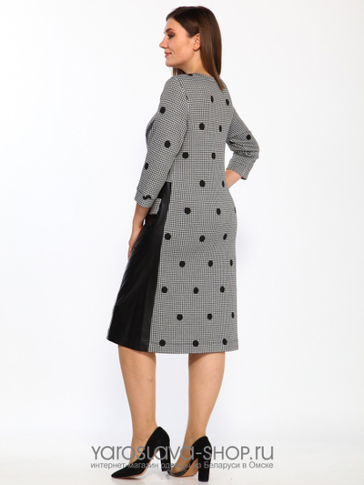 Платье серое в мелкую клетку и крупный горох с деталями из экокожи