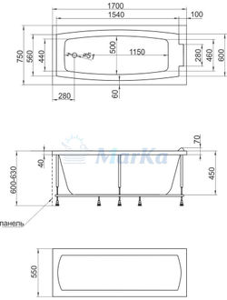 Ванна акриловая Марка №1 АЭЛИТА 1,5*0,75 1,7*0,75 1,8*0,80 (каркас+панель)