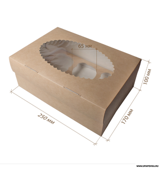 Коробка для капкейков/ 6 шт 25 x 17 x 10 см Круг окно Крафт