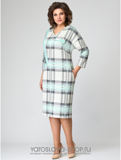 Модель : 1096.Повседневное платье мятно-серого цвета в клетку с декоративной вставкой из отделочной.