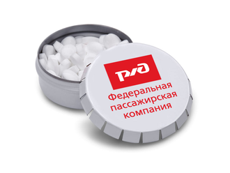 Click-Clack (Клик-клак), металлическая рекламная баночка с конфетками, круглая