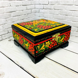 Шкатулка для украшений Птица с рябиной 120*115 мм деревянная с росписью Хохлома