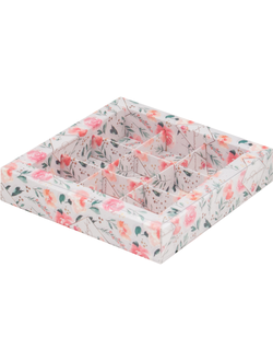 Коробка на 9 конфет с прозр. кр. (розы), 155*155*30мм