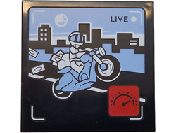 Tile 4 x 4 with 'LIVE' Broadcast with Bright Light Blue Motorcycle and Sky, Black Road and Skyliners, White Minifigure, Red Icon with Speedometer Pattern, Black (1751pb048 6530116)